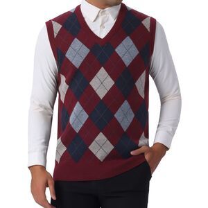 Casual Argyle Vest Sweater V Neck Slim Fit Knit Pullover Burgundy Navy